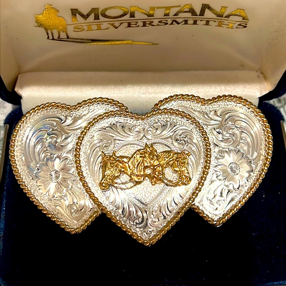 Vintage Montana Silversmiths triple heart horse buckle